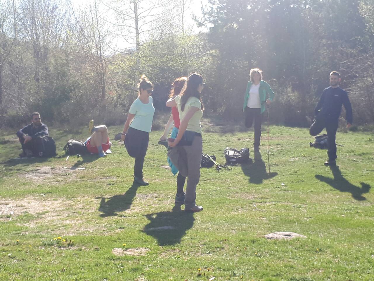 Stretching after hiking session